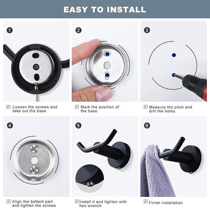 ARCORA Black Towel Hooks, SUS 304 Stainless Steel Wall Hooks, Heavy Duty Robe Hooks 1 Pack, Towel Hooks for Bathroom Wall Mounted