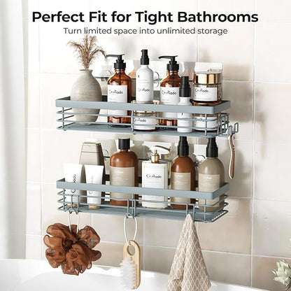 Orimade Shower Caddy with 5 Hooks for Hanging Razor and Sponge Adhesive Shower Shelf Basket Bathroom Storage Organizer Kitchen Rack No Drilling Stainless Steel Rustproof - 2 Pack, Light Blue Grey