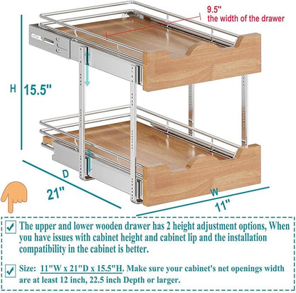OCG Pull Out Cabinet Organizer 11" W x 21" D, 2 Tier Slide Out Shelf, Heavy-Duty Pull Out Drawer for Cabinets, Base Cabinet Organization for Kitchen, Pantry, Bathroom