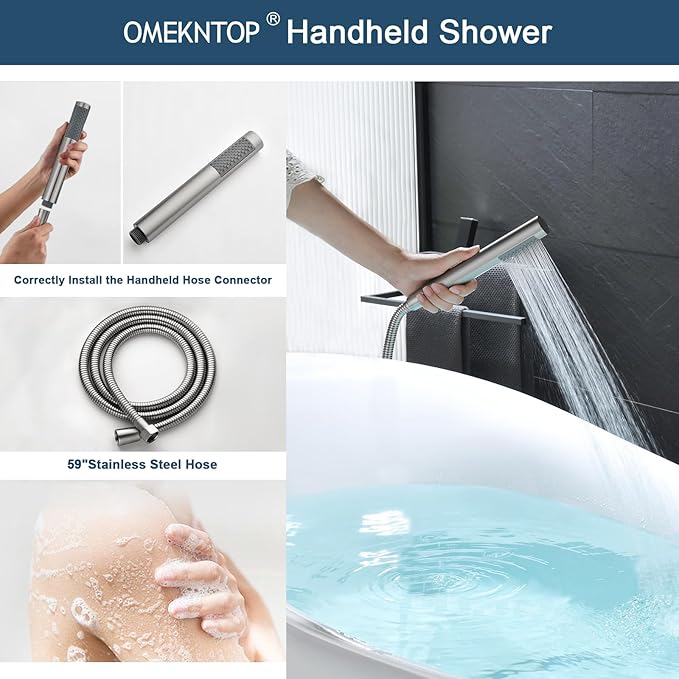 Freestanding Bathtub Faucet Floor Mount Tub Filler Brush Nickel, OMEKNTOP Modern Freestanding Tub Faucet with 360 Swivel Gooseneck Spout and Handheld Shower, Standing Tub Faucet for Bathroom