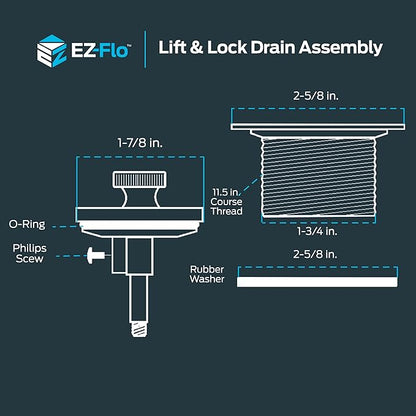 EZ-FLO Lift-n-Turn Bath Drain Assembly Kit, 1-1/2 in. x 11.5 Coarse Thread, 2-7/8 in. OD Flange, 5/16 in. Tapped Zinc Body, Chrome Plated, 35233