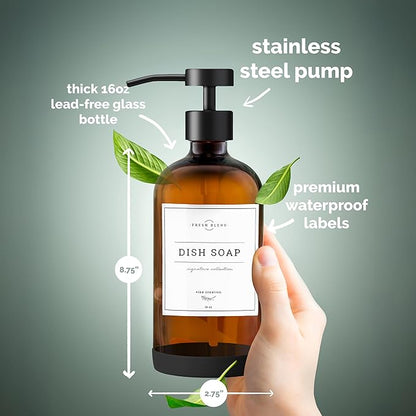 Vine Creations Amber Glass Soap Dispenser Set - Kitchen Soap Dispenser Set with Stainless Steel Pump - 16 oz Dish Soap and Hand Soap Dispensers for Bathroom with Silicone Pad & Waterproof Labels