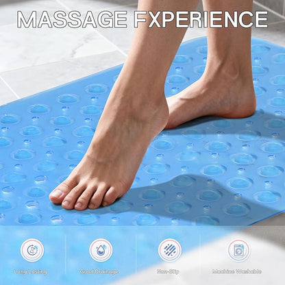 Anti-Slip Bathtub Shower mat, 39.3×15.7 inch（Approximately 100 × 40cm） Soft Oversized Machine Washable Non-Slip Bathtub mat with Drainage Holes, Bathroom Floor Suction Cup.（1-Clear Blue）