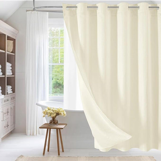 MitoVilla No Hooks Needed Extra Long Shower Curtain Liner Set, Ivory 86 inch XL Heavyweight Waffle Fabric Cloth Shower Curtains Set with Snap-in Liner for Modern Luxury Hotel & Spa Bathroom Decor