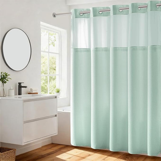 River Dream Heavyweight No Hooks Required Dotted Waffle Weave Shower Curtain with Snap in Liner - 71W x 74H,Hotel Grade,Spa Like Bath Curtain,Misty Blue