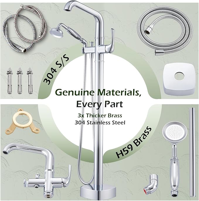 Luxury Free Standing Tub Faucet, Classic Brass Freestanding Bathtub Faucet, Lexdale Bathroom Floor Mount Tub Filler with handheld Sprayer Supply Lines Included Polished Chrome (LD8911-CP)