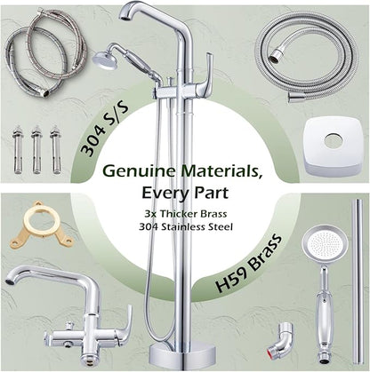 Luxury Free Standing Tub Faucet, Classic Brass Freestanding Bathtub Faucet, Lexdale Bathroom Floor Mount Tub Filler with handheld Sprayer Supply Lines Included Polished Chrome (LD8911-CP)