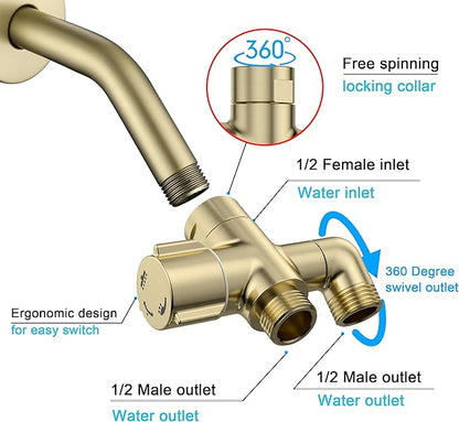 Solid Brass 3-Way Shower Arm Diverter Valve for Handheld Shower Head and Fixed Spray Head, G1/2 Universal Bathroom System Component Replacement Part (Brushed Gold)