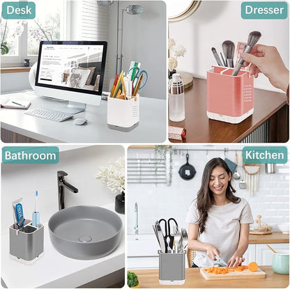 Boperzi Toothbrush Holder Toothpaste Organizer Drainage for Bathroom Vanity, Detachable Anti-Slip Brushed Nickel Toothpaste Storage Caddy 3 Slots with Drainage Holes for Makeup Brush Razor Stand