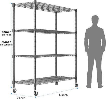 Homdox 60”W Storage Shelves, 4 Tier Heavy Duty Wire Shelving Unit with Wheels, 2400LBS Commercial Adjustable Metal Shelves for Storage, Garage Rack Pantry Shelves Kitchen Shelving, 24"x60"x72", Black