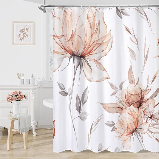 Orange and Grey Boho Watercolor Floral Shower Curtain, Ink Painting Style Blossom & Leaf Shower Curtains for Chic Elegant Bathroom, Artistic Fabric Cloth Flower Shower Curtain, 72x72