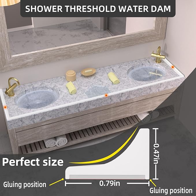 98Inch Collapsible Shower Threshold Water Dam Barrier, Self Adhesive Silicone Waterproof Shower Barrier Water Strip Dam for The Gap Between the Shower Kitchen Countertop Sink and Cooktop