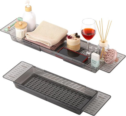 2 Pack Bathtub Tray Caddy - Expandable Bath Tray for Tub Bath Table Trays Storage Rack with Book and Wine Glass Holder, Bathroom Accessories for Spa, Gray