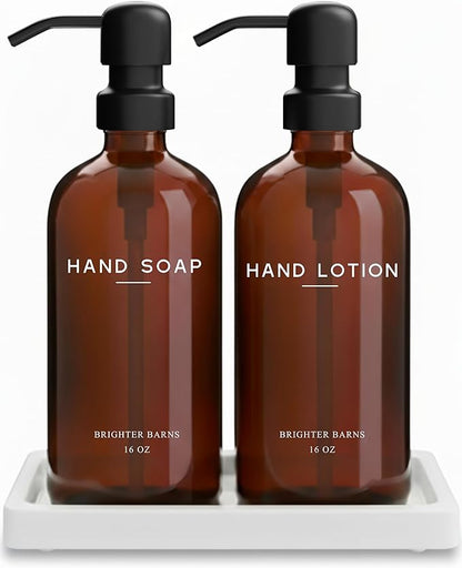 Amber Glass Soap and Lotion Dispenser Set with Tray by Brighter Barns - Hand Soap Dispenser Bathroom Set & Stainless Steel Pump for Home, Restaurant, Spa - Neutral Bathroom Decor & Accessories (Amber)