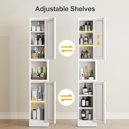 Tall Narrow Storage Cabinet 66.93" H Tall Bathroom Cabinets Metal Pantry Cabinet, 4 Adjustable Shelves for Kitchen, Home Office, Living Room, Dinning Room (11.8 inches Wide White)