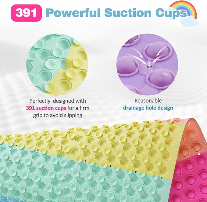 Push Pop Bubble Bath Mat for Kids,Rainbow Large Non-Slip Silicone Tub Mat with Strong Suction Cups for Toddler,33x17.3 Inch Waterproof Shower Mat for Bathtub, Sensory Bath Pad with Drain Holes