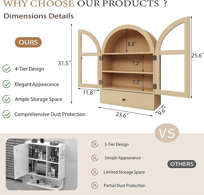 BLANKSPACE Bathroom Curved Wall Cabinet with Drawer, Over The Toilet Organizer for Bathroom Storage Cabinet with Glass Door and Soft Closing （Natural Wood Color）