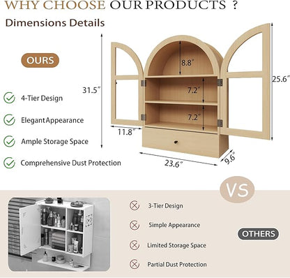 BLANKSPACE Bathroom Curved Wall Cabinet with Drawer, Over The Toilet Organizer for Bathroom Storage Cabinet with Glass Door and Soft Closing （Natural Wood Color）