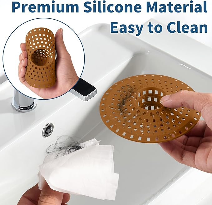 Bathtub Drain Hair Catcher,Tub Shower Drain Hair Trap/Strainer,3PCS Silicone Collapsible Tub Hair Catcher Drain Protector Designed for 1.47" to 1.75'' Regular Drains(Brown)