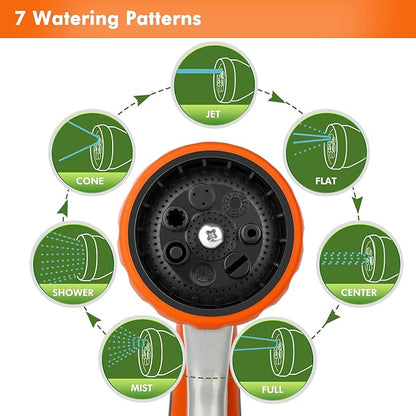RESTMO Garden Hose Nozzle, Heavy Duty Metal Water Hose Nozzle with 7 Adjustable Spray Patterns, High Pressure Hand Sprayer with Flow Control, Best for Watering Plant & Lawn, Washing Car & Pet, Orange