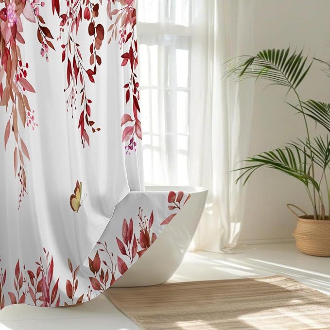 No Hook Shower Curtain and Liner Set, Red Eucalyptus Floral Shower Curtains for Bathroom, Bath Curtain Sets with Snap in Liner, Waterproof with See Through Top Window, 71x74 Inches