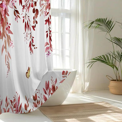No Hook Shower Curtain and Liner Set, Red Eucalyptus Floral Shower Curtains for Bathroom, Bath Curtain Sets with Snap in Liner, Waterproof with See Through Top Window, 71x84 Inches