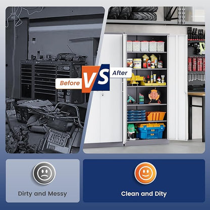 Yizosh Metal Garage Storage Cabinet with 2 Doors and 5 Adjustable Shelves - 71" Steel Lockable File Cabinet,Locking Tool Cabinets for Office,Home,Garage,Gym,School (Gray White)
