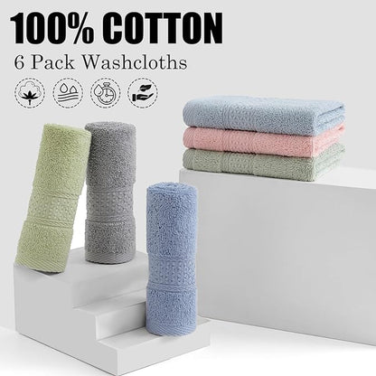 6 Pack 100% Cotton Washcloths Set, Highly Absorbent and Soft Feel Fingertip Towels, 13 x 13 in Quick Dry Face Cloths