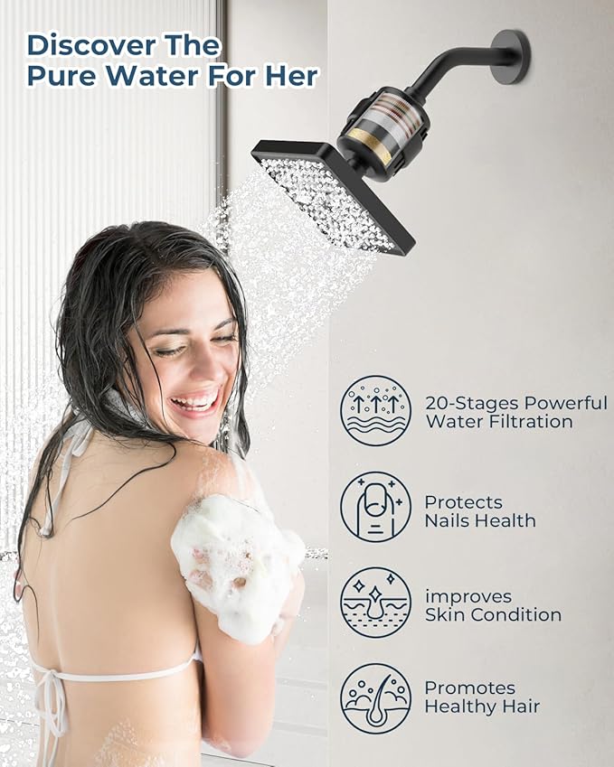 Shower Faucet Set, Ceiling Mount Shower System 12-inch & 6-inch Filtered Black Shower Head and Handle Set, Dual Shower Heads with 3 in 1 Handheld Spray and Valve & Trim Kit