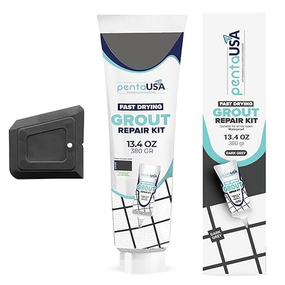 PentaUSA Tile Grout - Large Grout Filler Repairs Renews Tube, Fast Drying Grout Repair Kit, Odorless Formula - Grout Floater Included - 13.4oz / 380gr (Dark Grey)