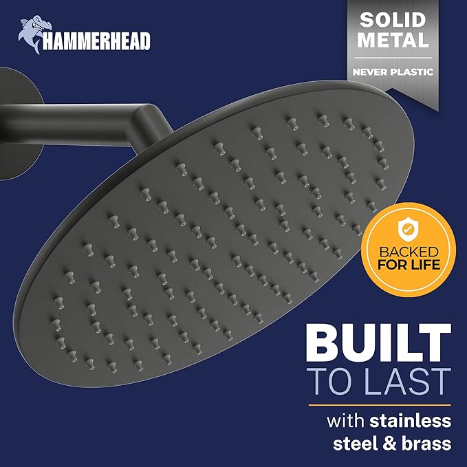 HammerHead Showers® Solid Metal 8 Inch Rainfall Shower Head – MATTE BLACK - Shower Head Rainfall - 1.75 GPM High Flow Shower Head Optimized for Pressure – Large Round Rain Shower Heads