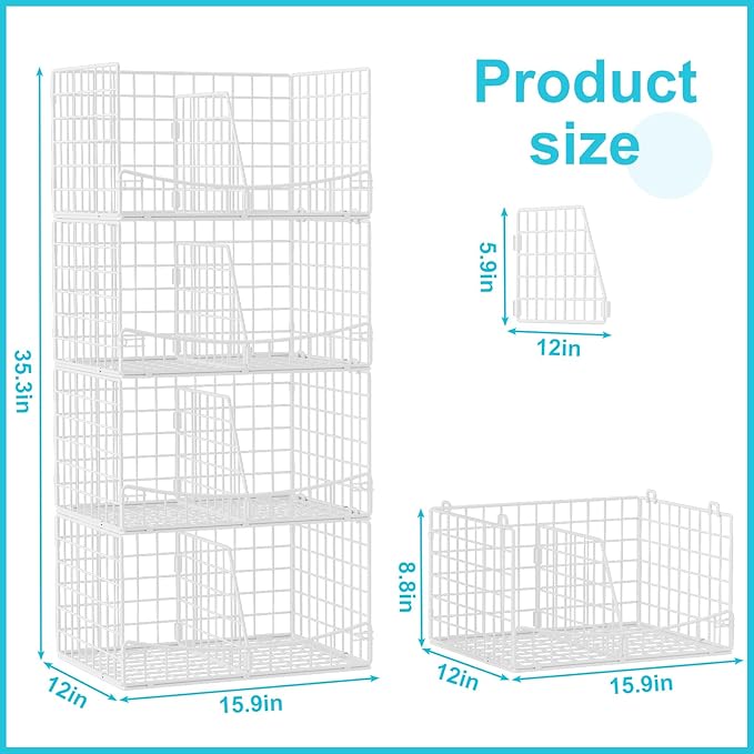 Divided 4-Tier Stackable Closet Organizers and Storage Basket, Foldable Closet Shelf Organizer Systems for Clothing Sweaters, Wardrobe Cupboard, White