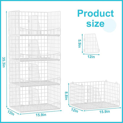 Divided 4-Tier Stackable Closet Organizers and Storage Basket, Foldable Closet Shelf Organizer Systems for Clothing Sweaters, Wardrobe Cupboard, White