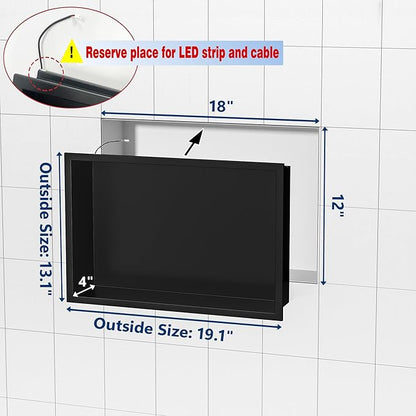 RGB LED Light Shower Niche, Matte Black 18X12 in Stainless Steel Recessed Storage with Remote Control, Waterproof No Tile Needed Wall Niche for Bathroom Storage Built-in Installation