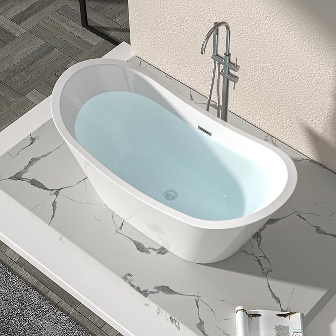 Logmey 59 Inch Freestanding Bathtub White Acrylic Oval Shape Soaking Tub with Chrome Drain & Overflow Assembly for Classic and Modern Bathrooms
