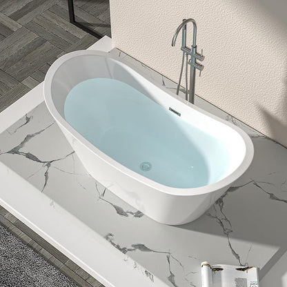 Logmey 59 Inch Freestanding Bathtub White Acrylic Oval Shape Soaking Tub with Chrome Drain & Overflow Assembly for Classic and Modern Bathrooms