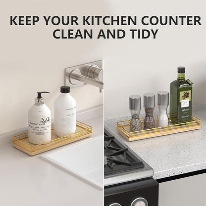 Bathroom Tray for Counter Top Organizer – Oak Wood Vanity Tray with Metal Frame for Dresser, Kitchen, Nightstand – Gold & Oak Decorative Storage