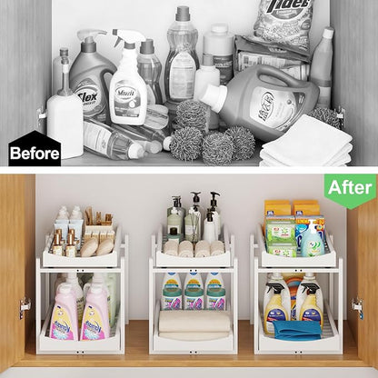 Bamboo Under Sink Organizer and Storage, 2 Pack Pull Out Cabinet Organization, 2 Tier Vertical Slide Out Undersink Storage Shelf, Multi-Purpose Organizer Shelves for Kitchen Bathroom Medicine, White