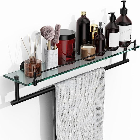 Towel Rack with Tempered Glass Shelf for Bathroom 24 Inch, Matte Black Towel Holder Wall Mount Storage Rustproof SUS304 Stainless Steel Towel Hanger