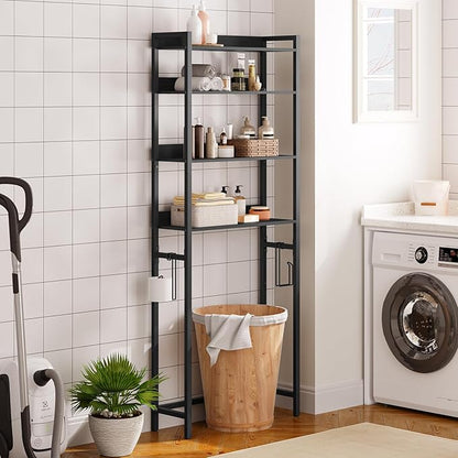 Over The Toilet Storage Rack, 4 Tier Bathroom Organizer Over Toilet, Freestanding Space Saver Toilet Stand with 2 Hooks, Bathroom Storage Shelf, Easy to Assemble, Black TSHB0401