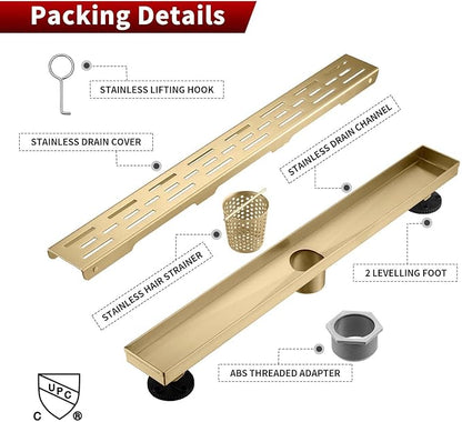 Sharp-tec Linear Shower Drain, 36 inch Shower Drain with Removable Pattern Cover, Brushed Gold 304 Stainless Steel Rectangle Floor Drain, Adjustable Feet and Hair Strainer Included (Model 101)