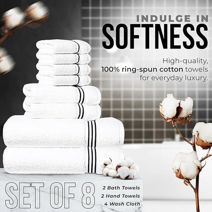 8-Piece Premium Towel Set, 2 Bath Towels, 2 Hand Towels, and 4 Wash Cloths, 100% Ring Spun Cotton Highly Absorbent Towels for Bathroom, Gym, Hotel, and Spa