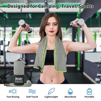 BOGI Microfiber Travel Sports Towel-Quick Dry, Soft Lightweight, Absorbent, Compact for Camping, Gym, Yoga, Swimming, Backpacking (L:60''x30''+16''x16'' - Grey)