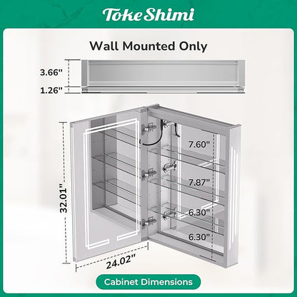 TokeShimi 24 x 32 Bathroom Mirror Medicine Cabinet with Light 3 Colors, Anti-Fog Tempered LED Mirror with Storage, Stepless Dimming CRI 80+, Memory Funtion, Wall Mirrored Cabinet for Bathroom Décor