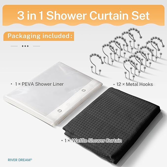 River Dream 3 in 1 Shower Curtain Set, Stall Waffle Fabric Shower Curtain and Waterproof Clear Liner Set with Double Sided Metal Hooks, Black, 36" W*72" H
