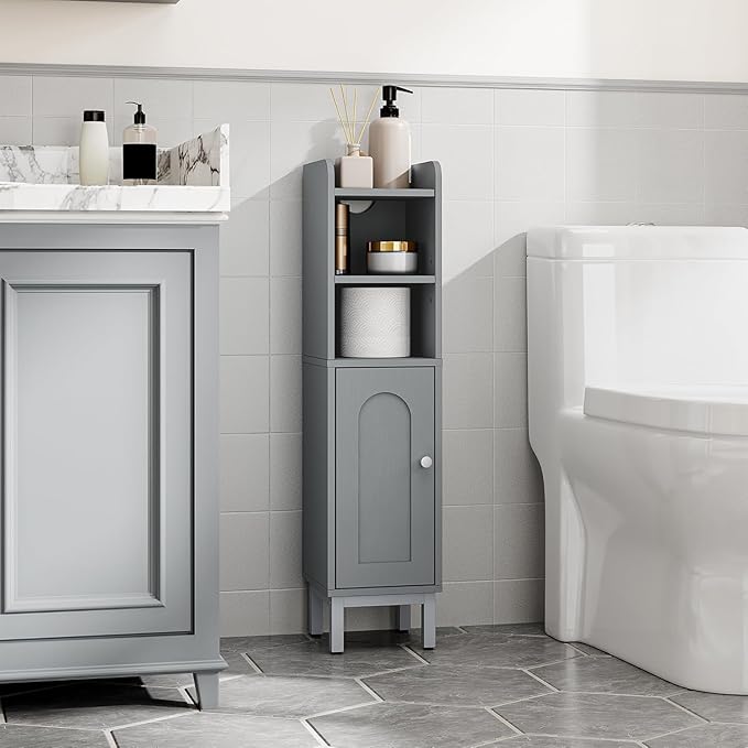 Bathroom Storage Cabinet, Small Corner Floor Cabinet with Door and Shelves, Narrow Toilet Paper Holder, Bathroom Organizer with Adjustable Shelf, for Small Spaces, Gray BC08221GR