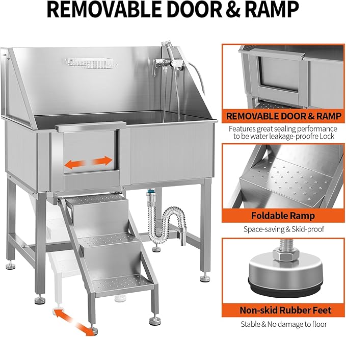 38" Stainless Steel Dog Cat Pet Grooming Bath Tub (w/Faucet, Sprayer, Shampoo Rack),Left Door