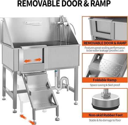 38" Dog Washing Station Large Dogs Grooming Tub Professional Stainless Steel Dog Bathtubs Bathing Tub Pet Washing Station for Home with Steps,L-Door