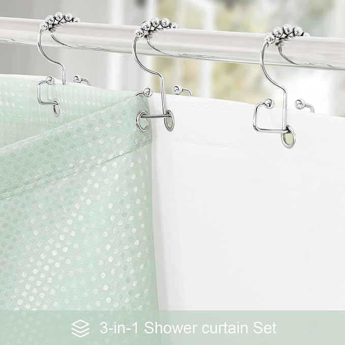 3 in 1 Extra Long Mint Green Shower Curtain Set-72 W x 84 H, Modern Waffle and PEVA Liner Set with 12 Stainless Steel Hooks, Waterproof Fabric for Bathroom