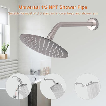 HarJue Shower Arm with Flange and Teflon Tape, Wall Mounted Shower Pipe 304 Stainless Steel Extension Arm for Fixed Shower Head & Handheld (12 Inches, Brushed Nickel)